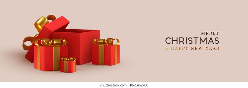 Christmas red pile Empty Open gift box template. Xmas design Realistic decorative objects. Sale banner, surprise poster, flyer and brochure. mock up holiday. Celebrate birthday, anniversary, wedding.