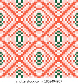 Christmas red pink and green knitted weaving textile in traditional Scandinavian Nordic folk art style seamless pattern for fabric, wallpaper, gift wraps, wrapping paper, stationary, seasonal greeting