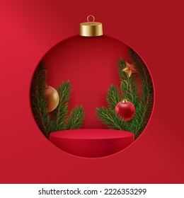 Christmas red podium with fir trees, Christmas balls and a star. Festive background with a realistic scene and a hole in the shape of a Christmas ball. Christmas and New Year 3D scene