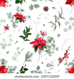 Christmas red poinsettia, red berry, cedar, salal, pine cone vector seamless design pattern. Winter chic wedding or new year wrapping paper print. Watercolor minimalist style. Isolated and editable