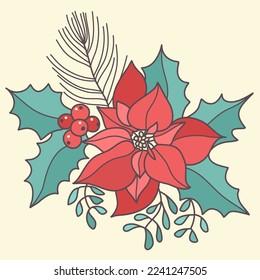 Christmas red poinsettia flower with xmas omela. Vector vintage hand drawn colors line art illustration.