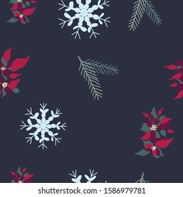 Christmas red poinsettia, snowflakes and pine tree spruce seamless pattern. Cute endless background New year and Christmas. Vector illustration.
