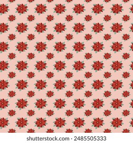 Christmas Red Poinsettias Arranged in Rows on a Soft Red Background seamless pattern print background