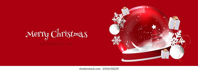 Christmas red promotion and greeting setting with flying product podium covered with glass globe with xmas tree and snow inside, white gift boxes with golden bow and snowflakes floating around ball.