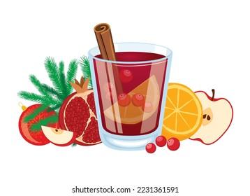 Christmas red punch and fruit  cranberries  orange   pomegranate vector  Glass christmas mulled wine icon isolated white background  Sangria holiday party drink still life drawing