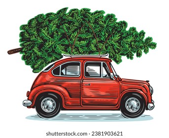 Weihnachtsrotes Retro-Auto mit grünem Kiefernbaum. Fröhliche Feiertage, Vektorgrafik