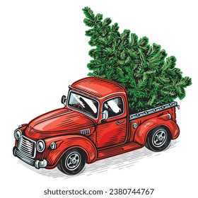 Christmas red retro pick-up truck with green pine tree. Happy holidays vector illustration