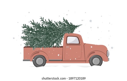 Christmas red retro truck and Christmas tree white background  Vintage pickup truck and fir tree  vector illustration 