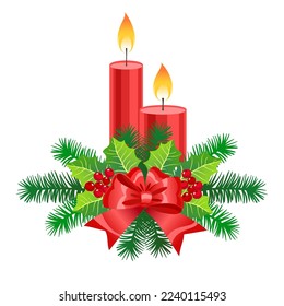 Christmas red ribbon bow fir branches 
candles and holly berries vector cartoon illustration.