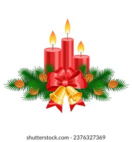 Christmas red ribbon bow fir branches 
candles and holly berries vector cartoon illustration.