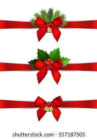 Christmas red ribbon decoration on white background vector design.