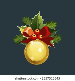 Christmas red ribbon, fir branches, light bulbs and holly berries, vector cartoon illustration