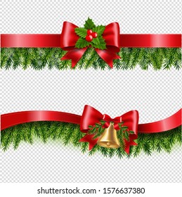 Christmas Red Ribbon And Fir Tree Transparent Background With Gradient Mesh, Vector Illustration