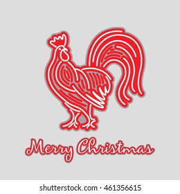 Christmas red rooster emblem linear card New Year on a gray background