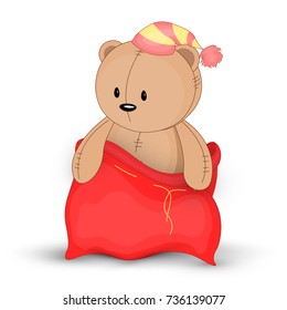 Christmas red sack with gifts and toys. Cute Christmas bag of Santa Claus. Isolated on a white background. Soft toy Teddy bear