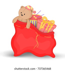 Christmas red sack with gifts and toys. Cute Christmas bag of Santa Claus. Isolated on a white background. Soft toy Teddy bear