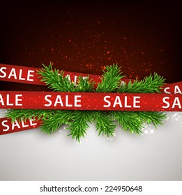 Christmas red sale ribbons over spruce branches. Vector winter illustration.