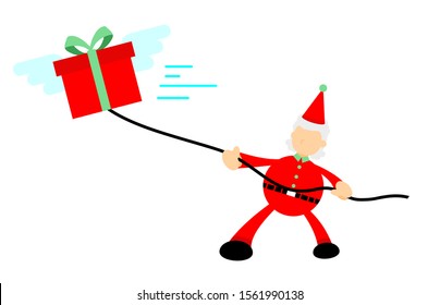 christmas red santa catch flying box cartoon doodle flat design style vector illustration