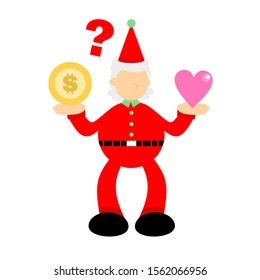 christmas red santa claus confuse for money coin dollar or pink heart love cartoon doodle flat design style vector illustration 