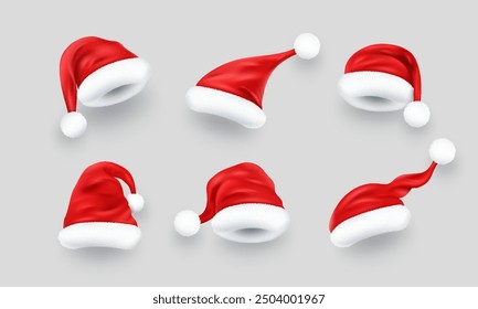 Christmas red Santa Claus hats collection with white fur. Realistic vector New Year decoration element design.