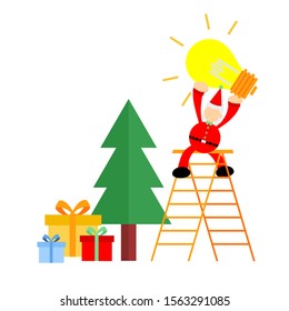 christmas red santa pick light bulb to pine tree cartoon doodle flat design style vector illustration