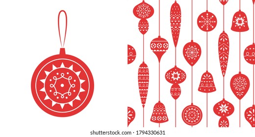 Christmas red seamless pattern with balls and icicles for holiday celebrations Scandinavian Nordic style. Christmas, new year decor. Collection of Christmas toys with simple decoration