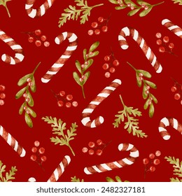 Christmas red seamless pattern, candy, berries holly green leaves holiday background