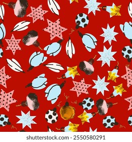 Christmas red seamless pattern with different tree toys and stars. Stylish background. Repeating vector design element for print