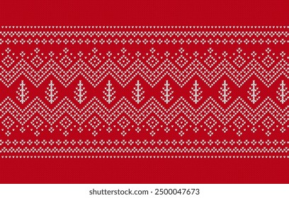 Christmas red seamless pattern. Holiday knit background with trees ornament. Xmas geometric border. Knitted sweater print. Fair isle traditional texture. Vector.