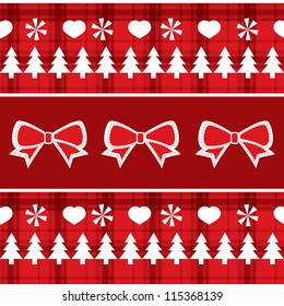 Christmas red seamless pattern with Christmas trees, bows, hearts