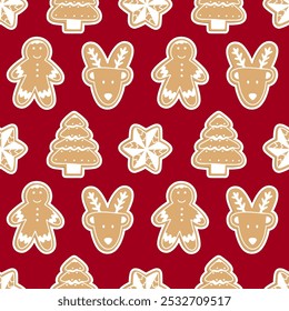 Christmas red seamless vector pattern with Gingerbread cookies. Christmas tree, deer, star. Happy new year. Winter design for wrapping paper, fabric, holiday decorations