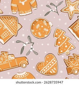 Padrão de vetor sem emenda vermelho de Natal com biscoitos de gengibre e visco. Design de inverno para embrulhar papel, tecido, decorações de férias.