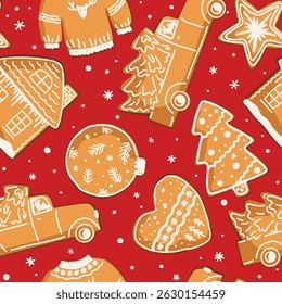 Padrão de vetor sem emenda vermelho de Natal com biscoitos Gingerbread. Bola de Natal, árvore decorada, casa, estrela e um carro. Design de inverno para embrulhar papel, tecido, decorações de férias.