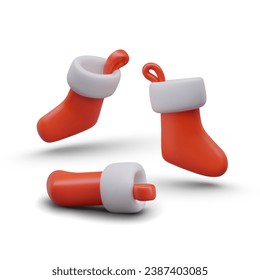 Christmas red shoe for home decoration on holiday. Realistic sock for hanging with gift. Concept of new year. Vector illustration in 3d style with white background
