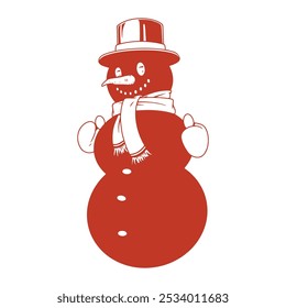 Christmas red snowman monochrome sticker with snow sculpture made by children while walking in winter park vector illustration