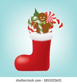 Christmas red sock with candies. vector