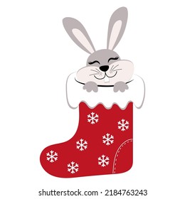 Christmas red sock with a cute rabbit. Vector illustration with the symbol of 2023. Hand-drawn Christmas greeting card, invitation. Chinese Rabbit New Year.