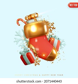 Christmas red sock. Festive background Merry Christmas and Happy New Year. Xmas gift boxes, realistic 3d design of snowflakes, and golden confetti. Holiday banner, web poster. Vector illustration