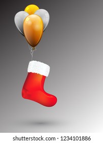 Christmas red sock with fluffy fur and balloons ready for gifts. Vector illustration