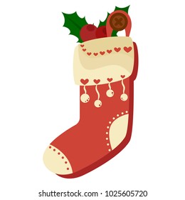 Christmas red sock full of candies, cookies and gifts, isolated on a white background. Vector illustration
