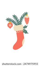 Christmas red sock with gifts and Christmas decorations. Cozy Xmas Holiday Element, Present in Scandinavian Style, Winter Funny. Cartoon Vector Illustration isolated image on a white background.