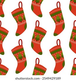 Christmas red sock for gifts. Festive Christmas seamless pattern. For textile, wrapping paper, background.