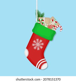 Christmas red sock with gifts. Vector illustration.