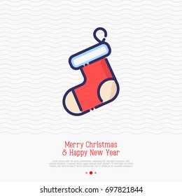 Christmas red sock for gifts. Vector illustration. Symbol of Christmas and New Year, element for greeting card.