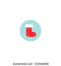 Christmas red sock icon on blue background, sticker. Vector illustration, flat design, simple style. Element for New Year banners, posters, leaflets, invitations, greeting cards, web design.