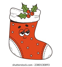 Christmas red sock retro cartoon character. Traditional cool Xmas decoration. Vector illustration. Merry Christmas and Happy New Year