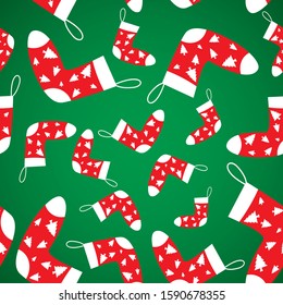 Christmas red sock seamless patterns on green background