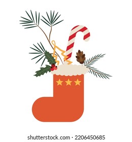 Christmas red sock with spruce twigs decoration. vector illustration