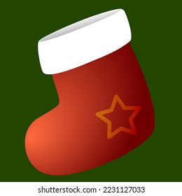 Christmas Red sock with a star on a green background. Vector illustration of Santa's shoes waiting for gifts for the New Year. Holiday decoration stock image.