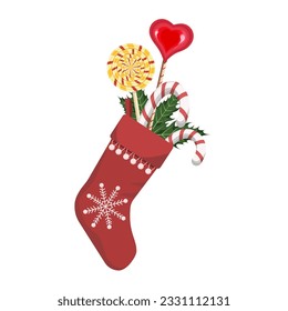 Christmas red sock with sweet gifts,isolated on a white background.Vector illustration for Christmas and New Year designs,textiles,postcards, wrappers.